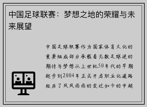 中国足球联赛：梦想之地的荣耀与未来展望
