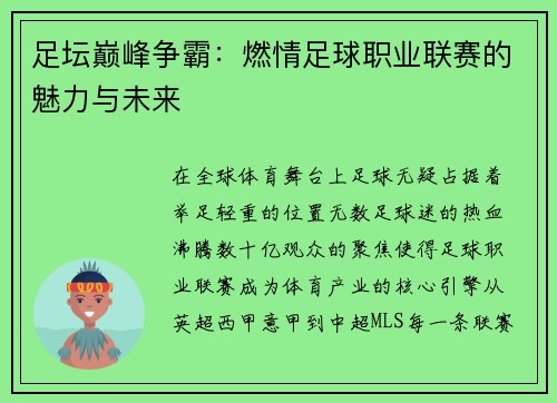 足坛巅峰争霸：燃情足球职业联赛的魅力与未来