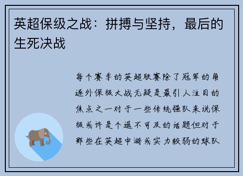 英超保级之战：拼搏与坚持，最后的生死决战