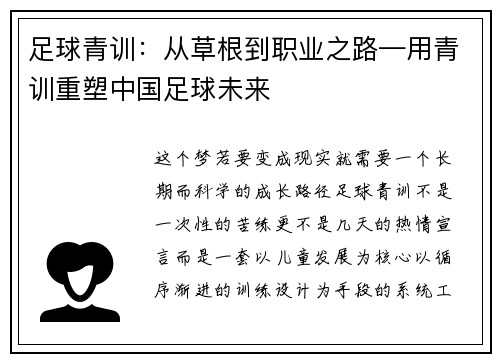 足球青训：从草根到职业之路—用青训重塑中国足球未来